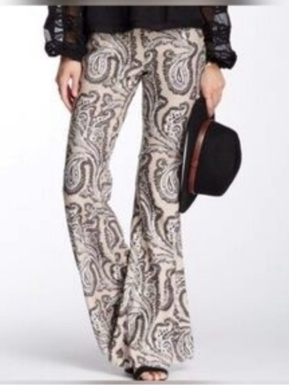 Free People Cream and Black Paisley Flare Pants